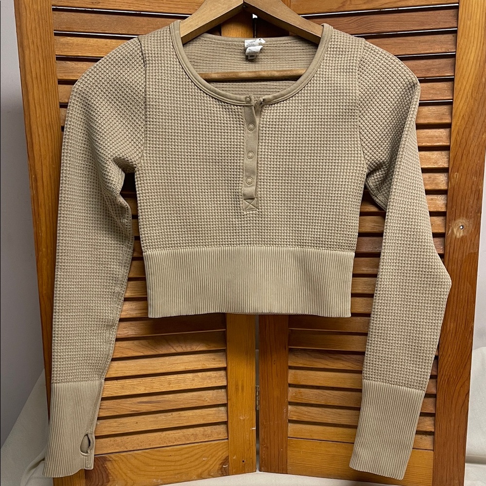 Aerie Offline Main Squeeze Seamless Waffle Knit Henley Crop Top Basketweave XS